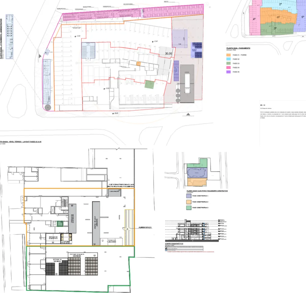 Planta de estudo de implantação com faseamento construtivo colorido por etapa
