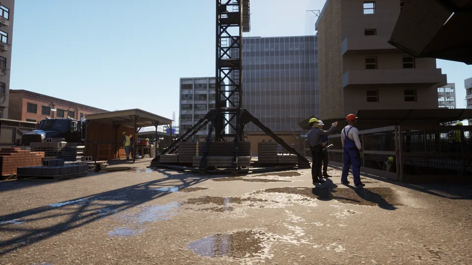 Canteiro de obras modelado com grua, áreas de estoque e trabalhadores